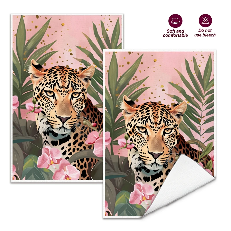 2Pcs, Tropical Rainforest Pink Cheetah Kitchen Towels, 40Cm*