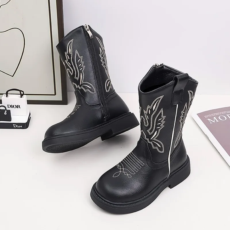 2026 Children's PU Leather Shoes Classic Western Cowboy Embroidery Girls Long Boots Kids Autumn Soft Sole Retro Princess Boots