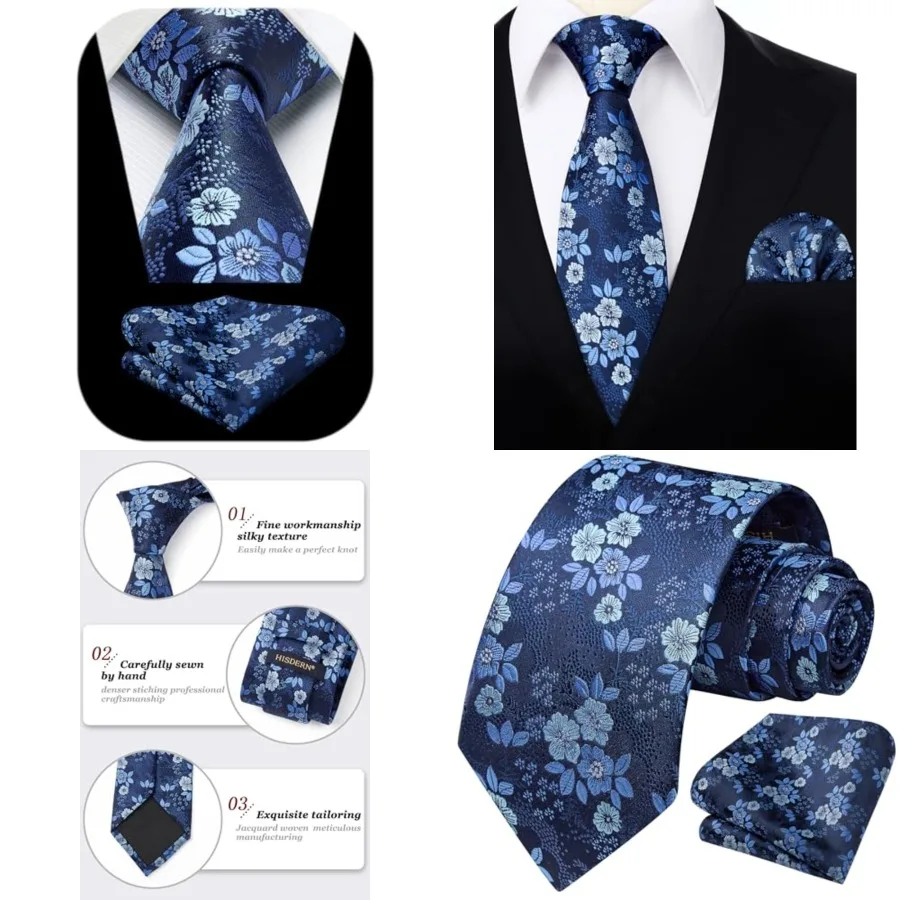 Corbatas extra largas para hombre, corbata floral clásica y pañuelo de bolsillo, elegante conjunto de corbata y pañuelo de seda para fiesta de boda, 2XL, 70 pulgadas de largo, B1-azul