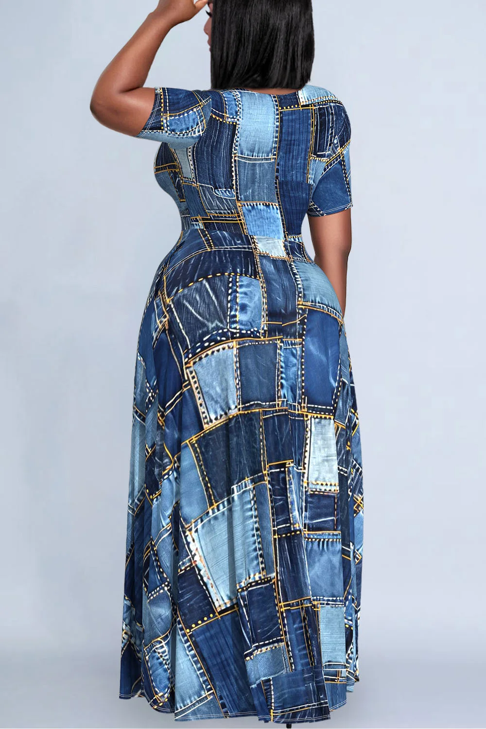 Plus Size Women's Dark Blue Patchwork Crew Neck Denim Print Maxi Dresses