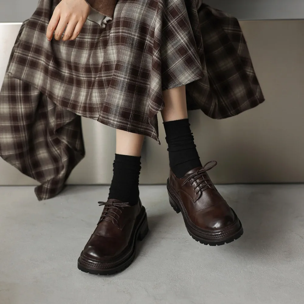 2026 Spring Autumn Classic Women's Genuine Leather Flat Loafers Round Toe Lace-Up Solid Color - for Dating Outing & Daily Wear