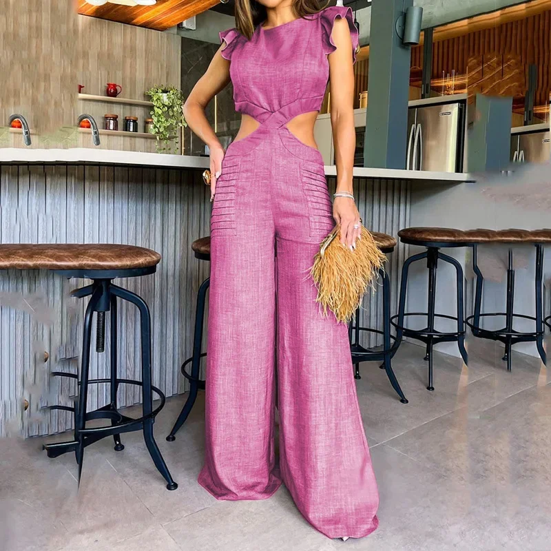 Summer New Round Neck Ruffled Loose Trousers Jumpsuit Short Sleeve High Waist Wide Leg Pants Jumpsuits