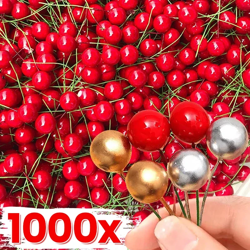 1000/50pcs Christmas Berries Mini Plastic Berry Artificial Flower Red Cherry Simulation Pearlescent Stamen Gift Wreath DIY Decor