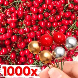 1000/50pcs Christmas Berries Mini Plastic Berry Artificial Flower Red Cherry Simulation Pearlescent Stamen Gift Wreath DIY Decor
