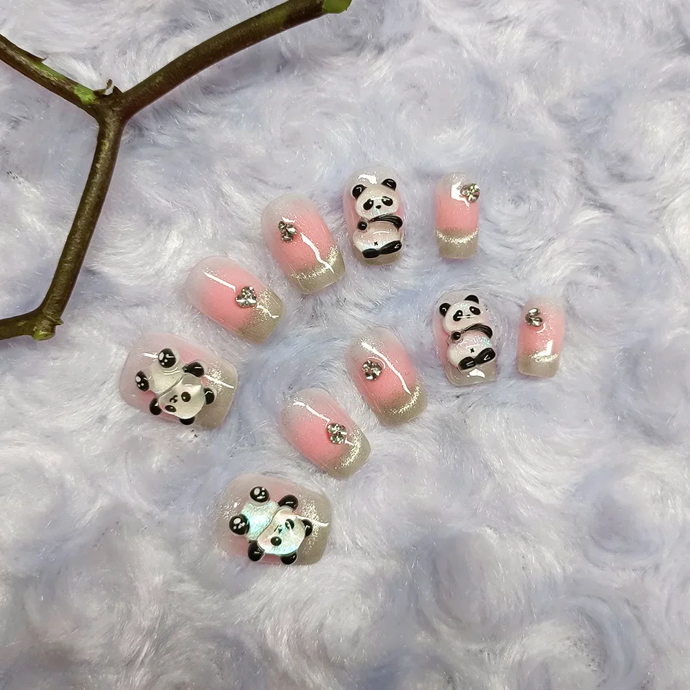

10pcs Handmade Strobe Short Coffin Press on Nails Pink and Black False Nails with Panda Pattern Rhinestones Nails for Women Wear