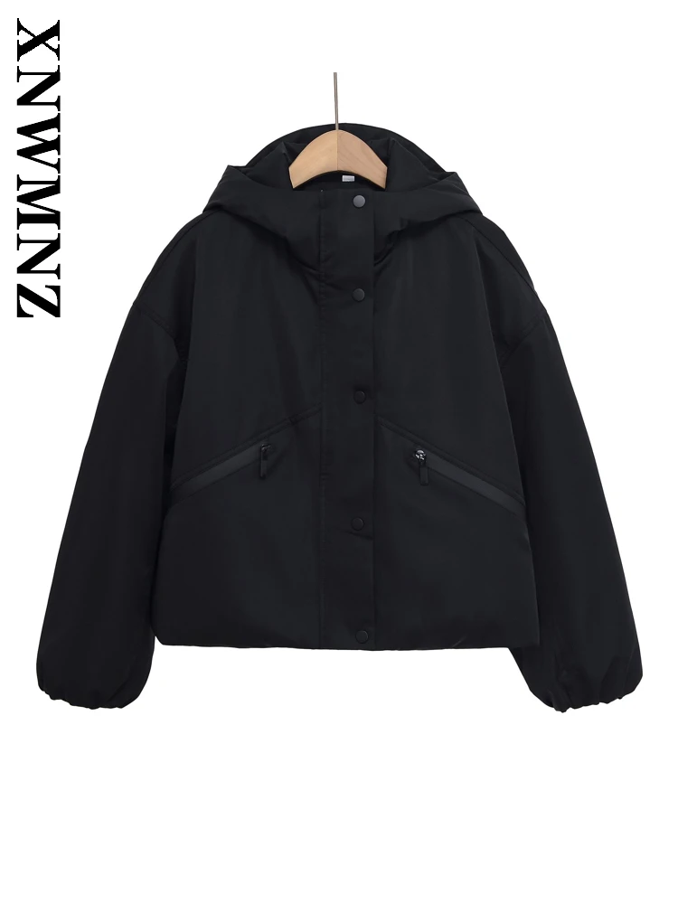 

XNWMNZ 2025 Autumn New Lady Casual Commuting Long Sleeve Hooded Collar Coat Vintage Woman's Black Jacket zipper