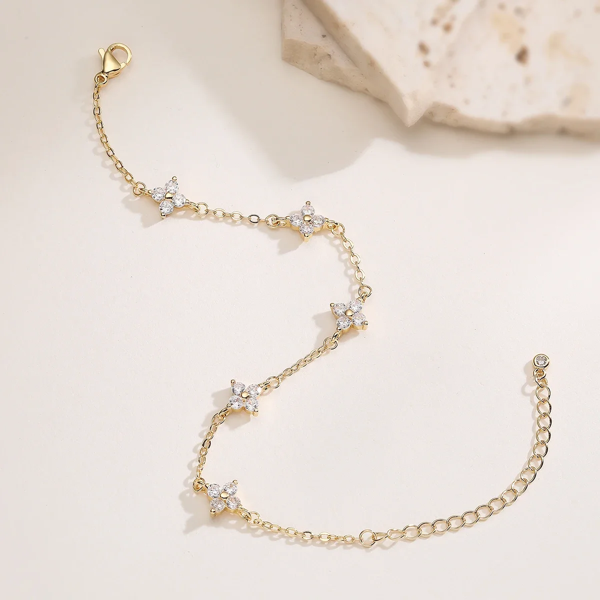 Waterproof 316L Stainless Steel Four Leaf Clover CZ Station Bracelet Dainty Starry Sky Stackable Minimalist Chain Women Daily Fa