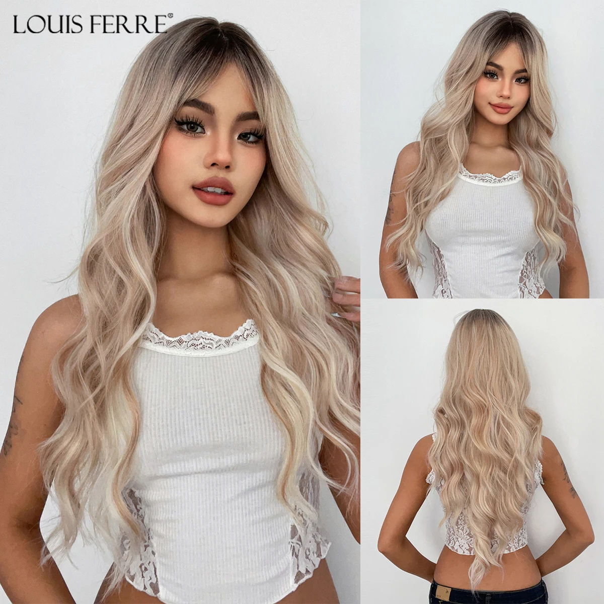 LOUIS FERRE Long Wavy Brown Blonde Ombre Synthetic Wigs for Women Natural Blonde Hair Wigs With Bangs Daily Cosplay Fake Hair