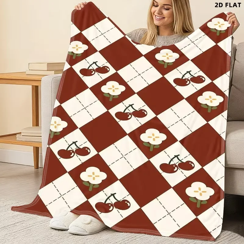 Retro Cherry Flower Checkerboard Blanket Soft All Season Sofa Bed Decor Travel Nap Blanket Vintage Style for Bedroom Dorm