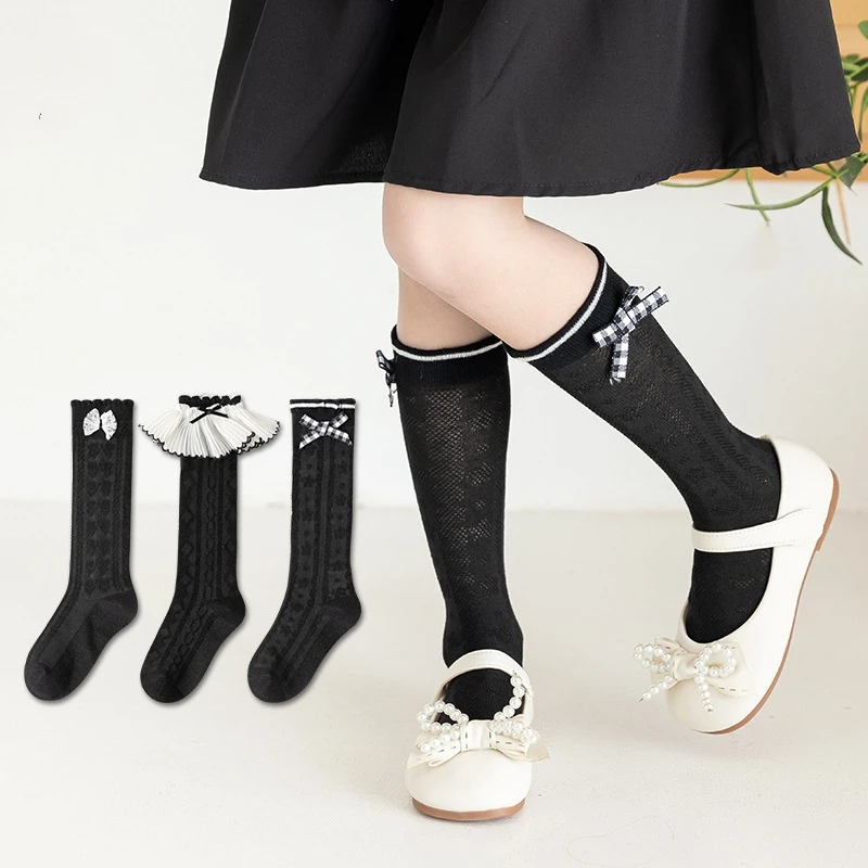 Spring Summer Baby Children Girl Cute Lace Socks Black White Color Mesh Breathable School Uniform Sock Knee High Long Kids Socks