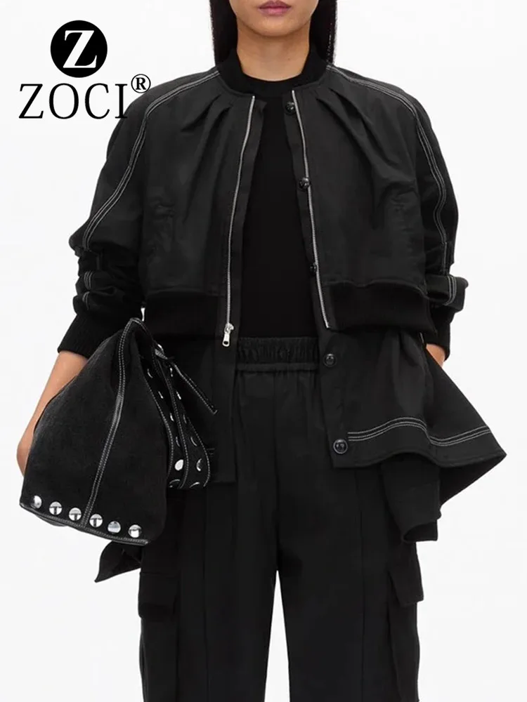 

[ZOCI] Niche 2024 Autumn New Solid Color Round Neck Zipper Splicing Loose Long Sleeve Coat Women