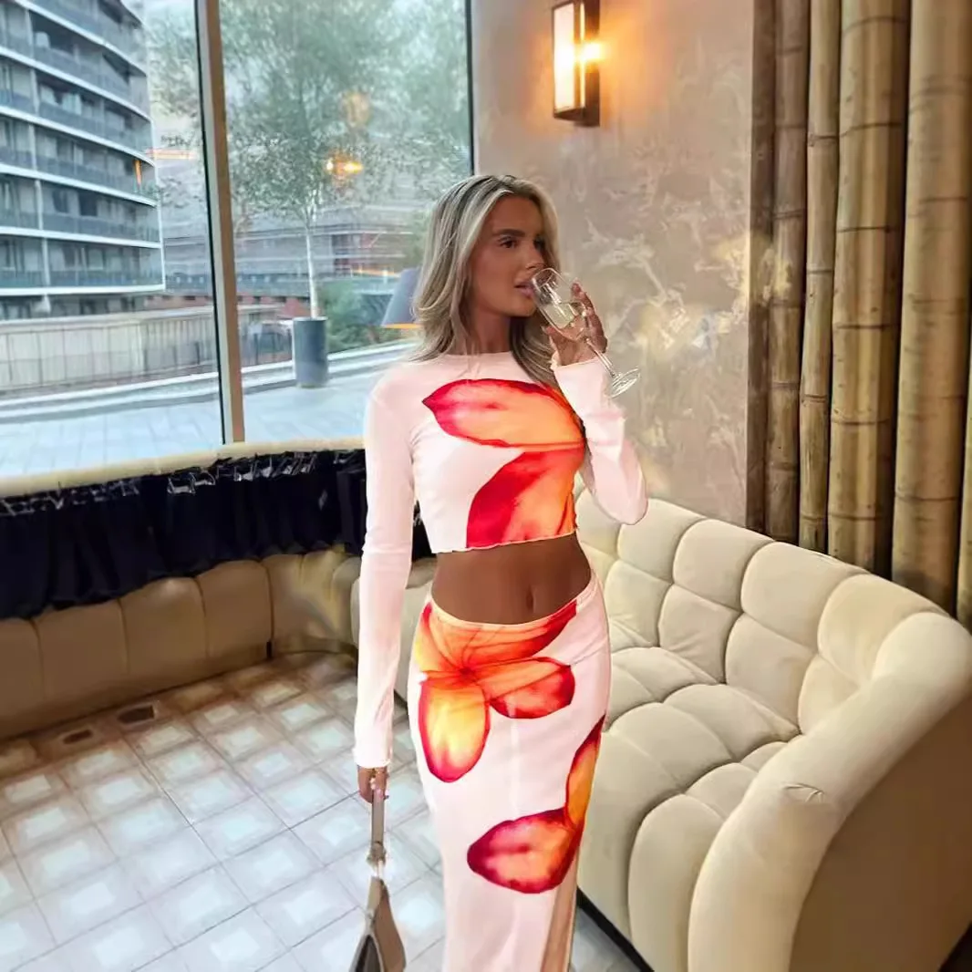 

Europe and the United States wind new skirt suit sexy spice girls printed long sleeve slim top skirt suit women