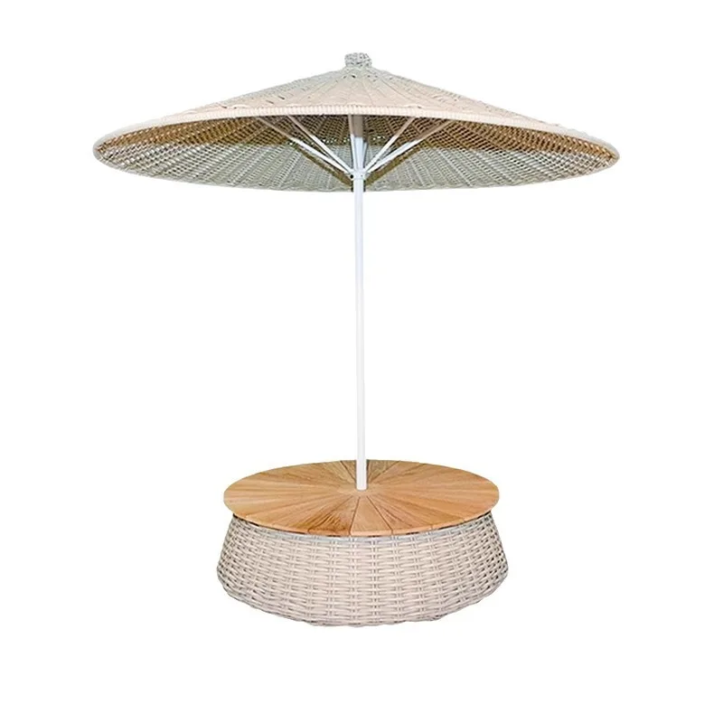 Outdoor villa swimming pool parasol, courtyard rattan sun umbrella, hotel vacation commercial leisure umbrella with coffee table