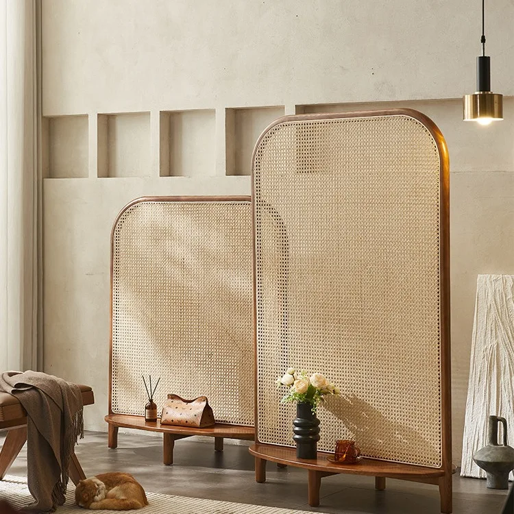 Nordic solid wood rattan screen partition living room bedroom mobile entrance blocking simple modern storage seat