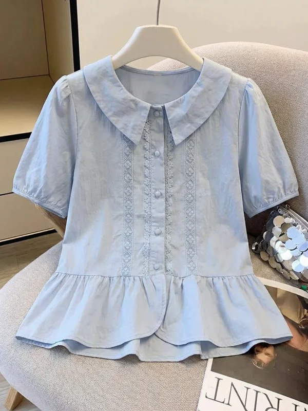 

Light Blue Doll Collar Short Sleeve Shirt Women's Summer New Style plus Size Fluffy Top Korean Version Loose Fit Commute Style