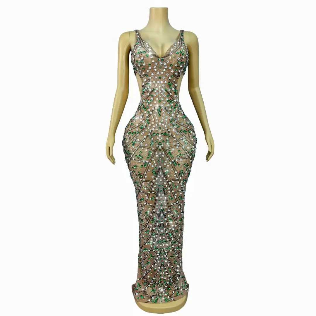 Caolvwang Shiny All Over Diamond Lattice Green Rhinestone Nude Mesh Mermaid Dress Thin Strap Hollow Waist Photoshoot Outfit