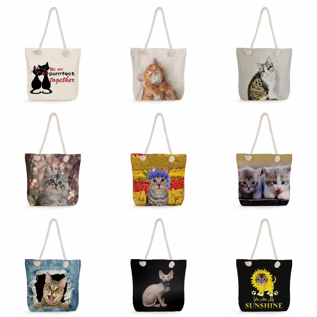 Cute Cat Print Handbags For Women Casual Groceries Large Shopping Bags Kawaii Animal High Capacity Shoulder Travel Beach Bags