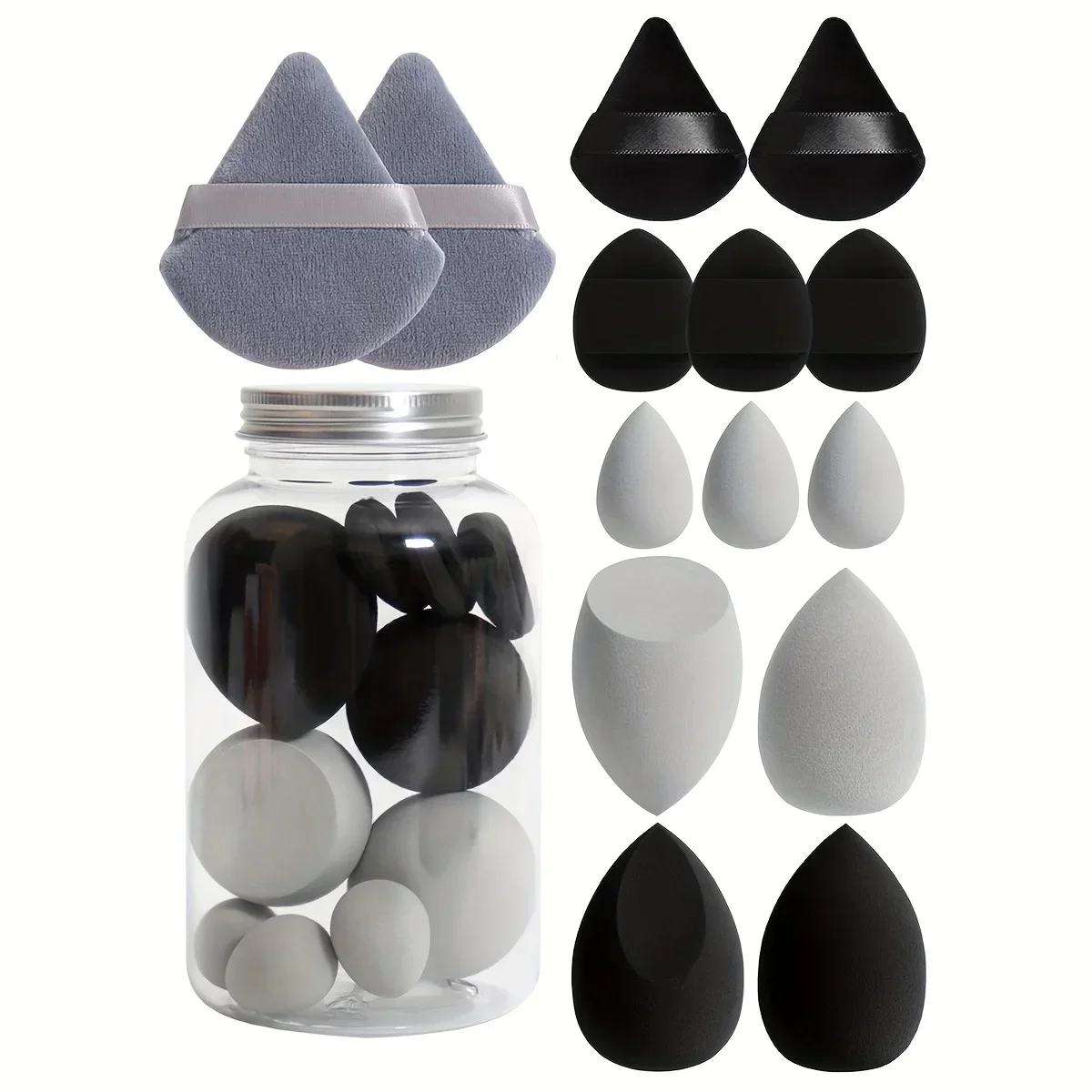 14pcs Makeup Sponge Set with Storage Jar Velvet Beauty Makeup Sponge Finger Puff Dual-Use Wet & Dry Foundation Cosmetic Puffs