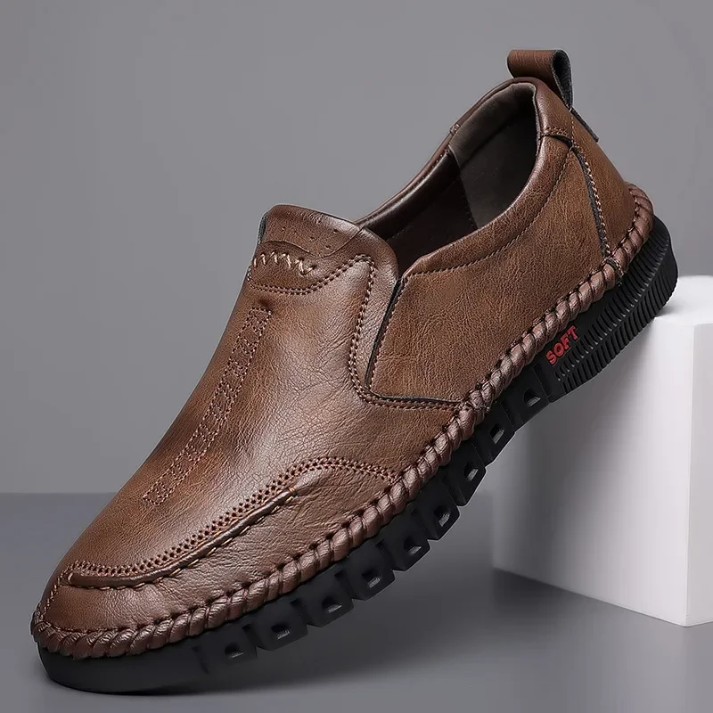 Men's Hand Stitched Genuine Leather Slip On Shoes Business Formal Occasion Wedding Party Footwear Leisure Official Board-Shoes