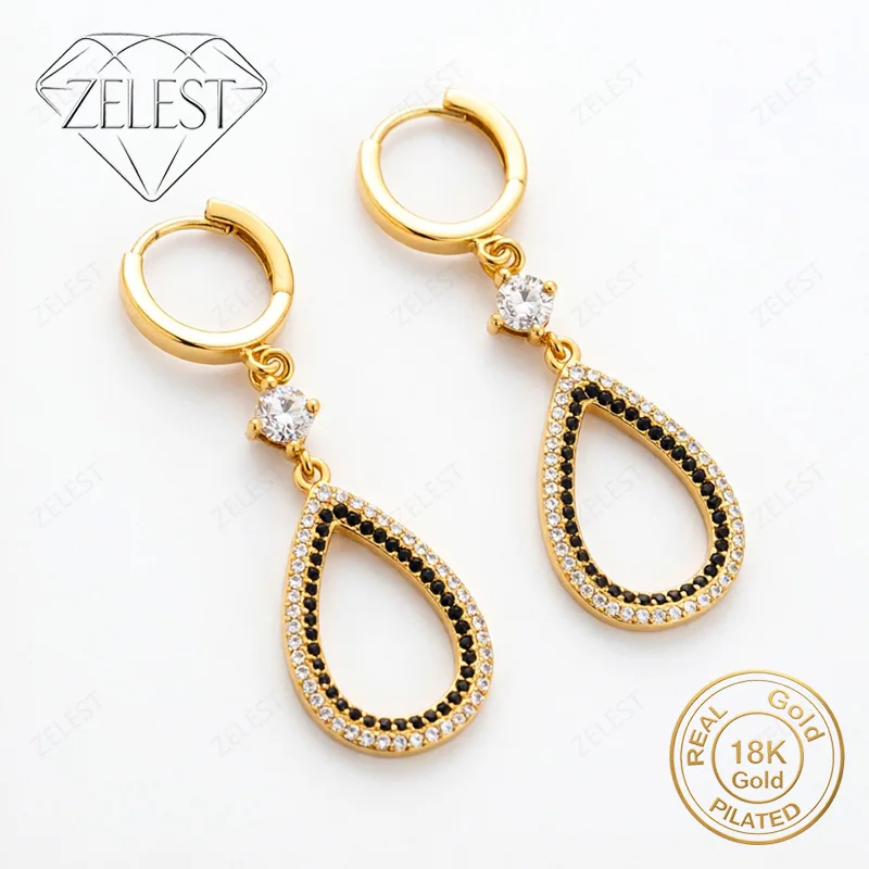 Exquisite 925 Silver 18K Gold-Plated Openwork Teardrop Zircon Earrings – Stylish Wedding Jewelry for Women