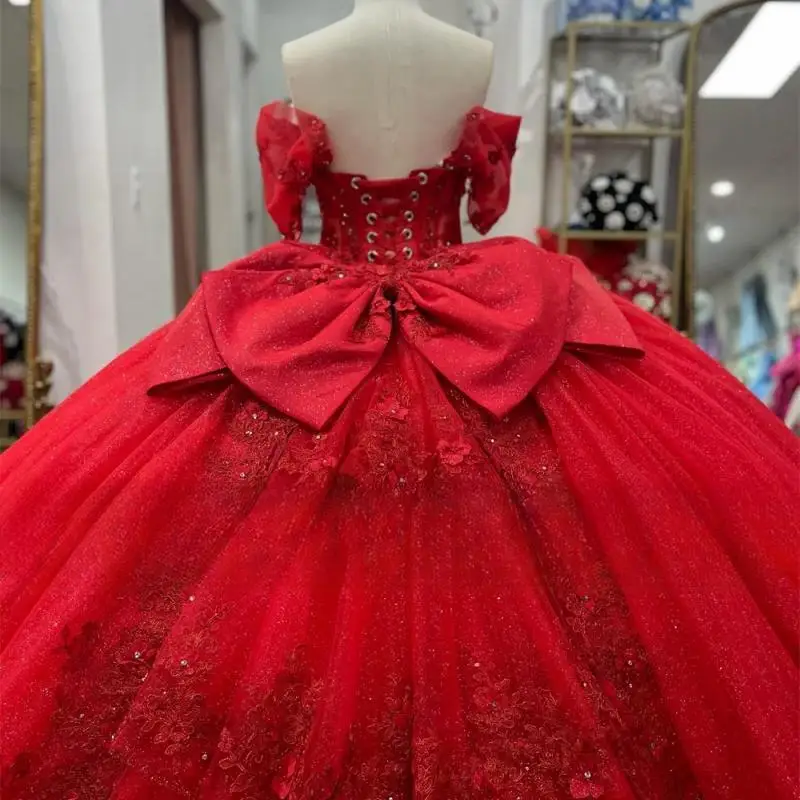 Quinceanera-誕生日パーティー用にカスタマイズされた赤いドレス,リボンとフリルのアップリケ,ビーズとクリスタルレース,15歳