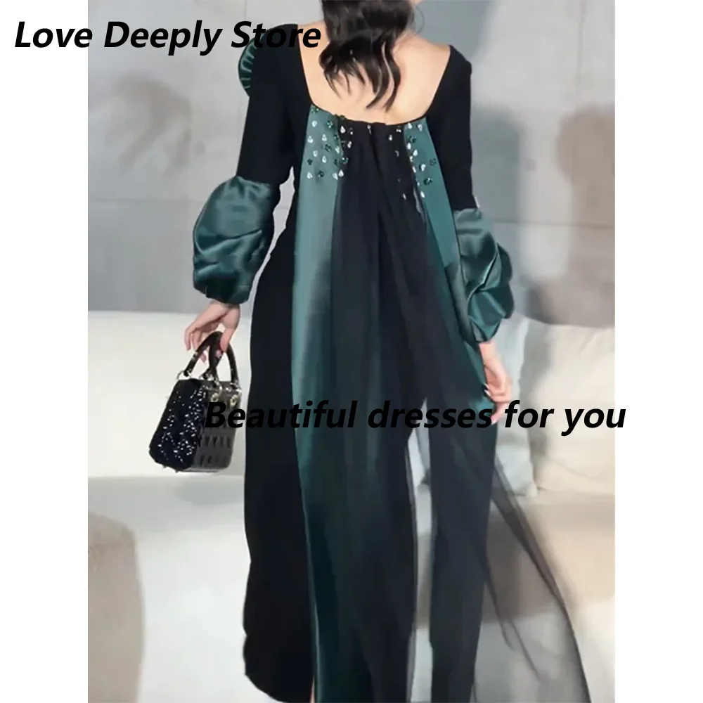Customized Vintage Off Shoulder Party Dresses Woman Long Sleeves Flower Pleat Prom Dresses Straight Ankle-Length Eevning Dresses
