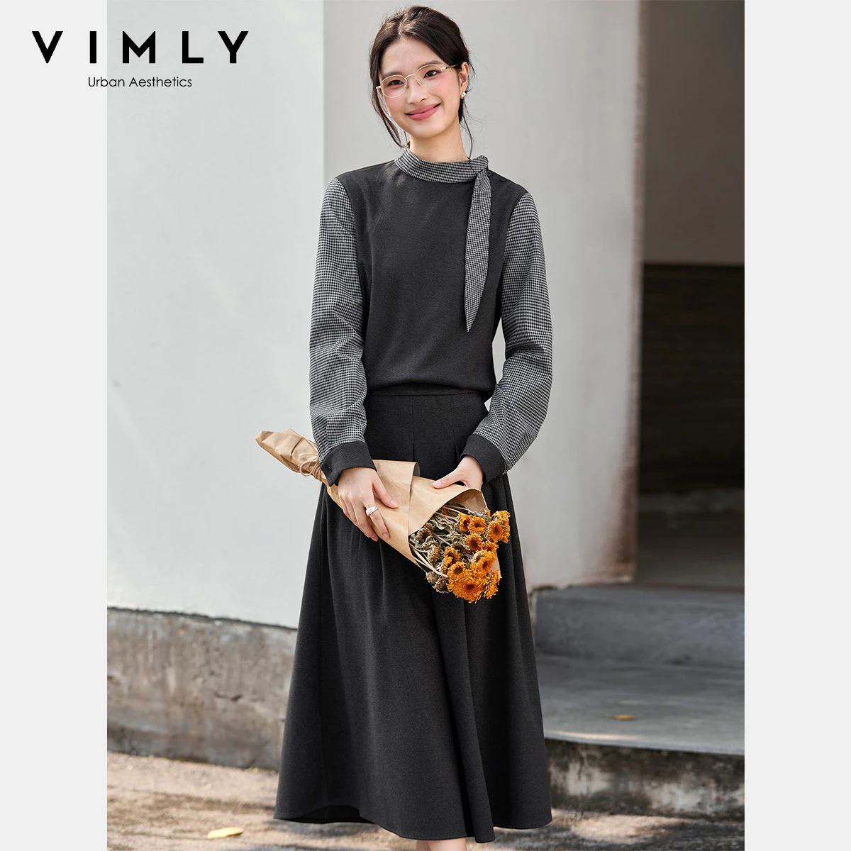 

VIMLY Gray Skirt Suit Two Parts Women Gray Elegant Plaid Tie Neck Tops Pleated Midi Skirt Lady Two Piece Sets Autumn 2025 A2862