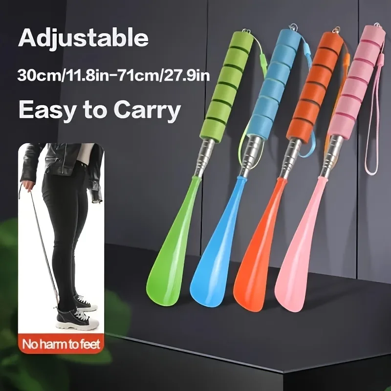 Stainless Steel Long Handle Shoe Horn, Telescopic Adjustable Length, Foam Anti Slip Handle, Hanging Hole Portable Shoe Aid