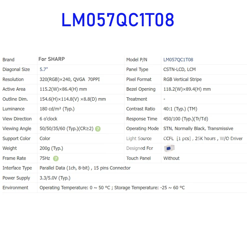 샤프 오리지널 LCD 디스플레이 스크린 패널, LM057QC1T08, 5.7 인치, 완전 테스트 완료, 신제품