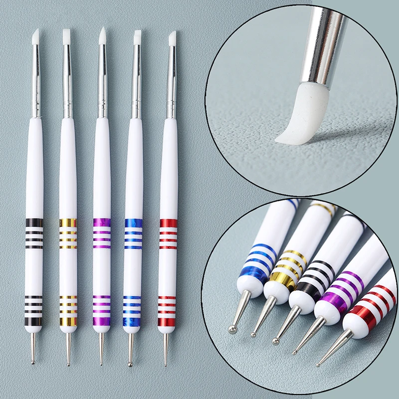 Z. 5Pcs/Set 2-Way Silicone Nail Art Pen Carving Emboss Hollow Gel Shaping Nail Brush DIY Dotting Pen Nail Drawing Painting Tool