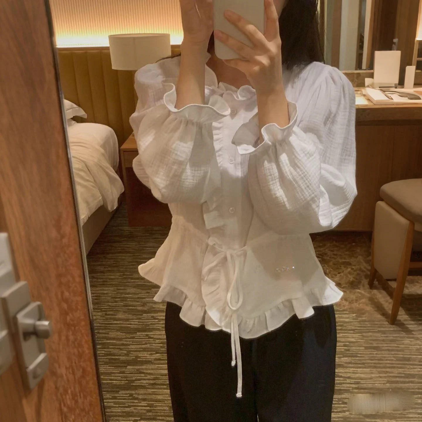 

Slimming Short Sleeveless Women's Shirt Drawstring Waist Long Sleeve Korean Style Commute Fashion Unique Beautiful Overhead Top