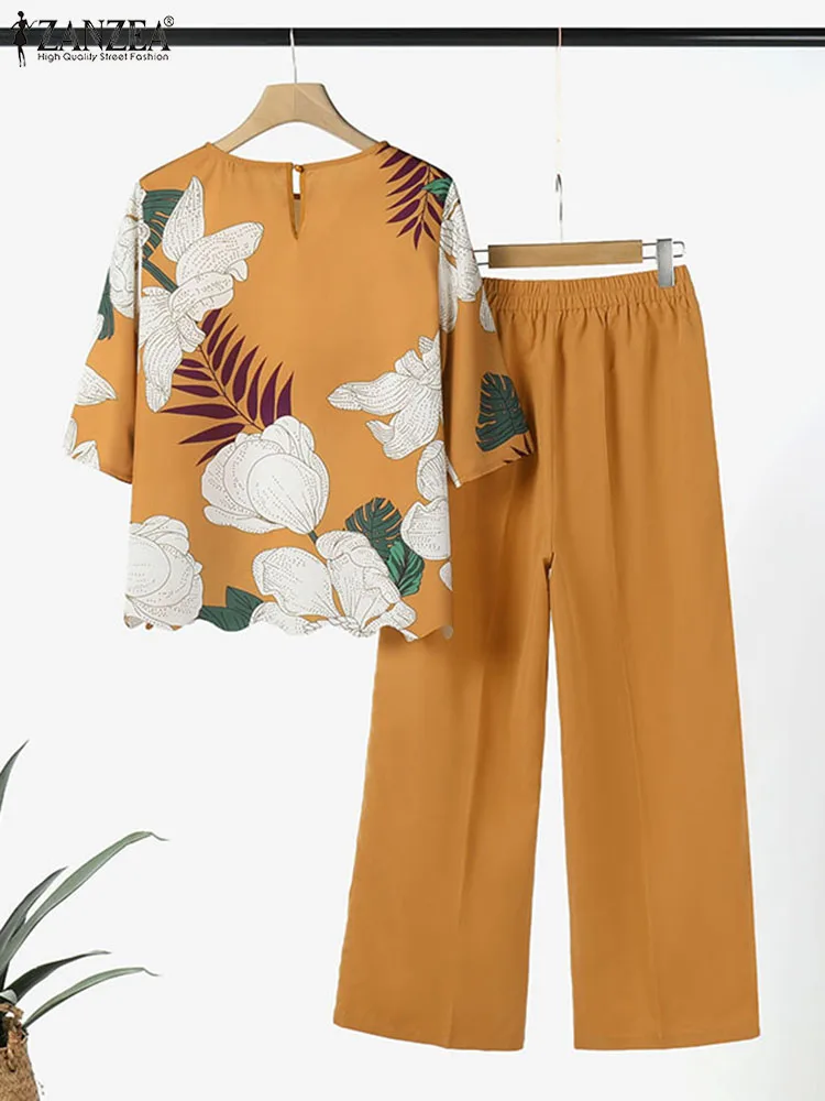 Fashion Summer OL Work Pant Sets ZANZEA 2pcs Women Outfits Vintage Short Sleeve Floral Blouse Trousers Suits Tracksuits