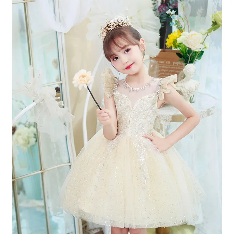 Sequins Tulle Children's Princess Wedding Dress Flower Girl Evening Party Dress for Kids Baby Girl Pageant First Communion Gown