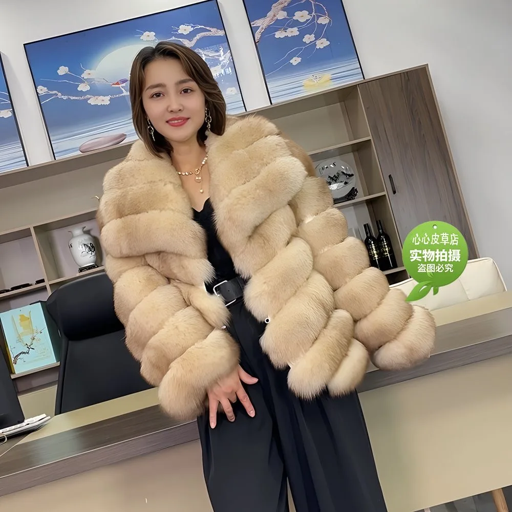 QUEENTINA Winter New Women\'s Real Fox Fur Coat With Collar Overcoat Leather Female Natural Plus Size