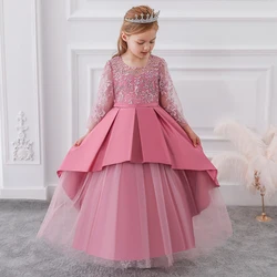Elegant Kids White Bridesmaid Party Dresses Long Sleeve Wedding Christmas Dress For Girls Children Princess Birthday Costume