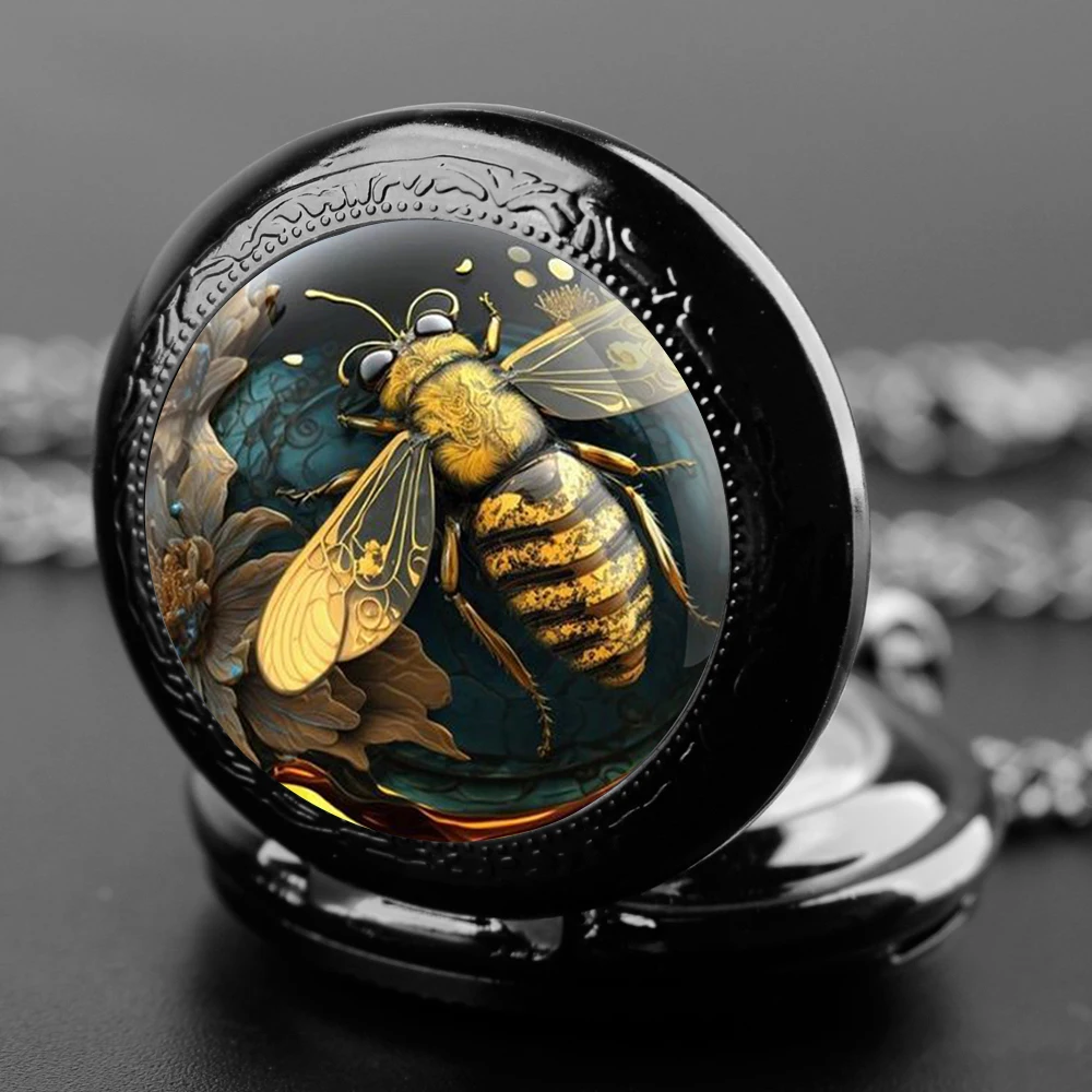 Delicate Gifts Quartz Pocket Watch Bee Design Glass Dome Necklace Pendant Clock for Mens Womens