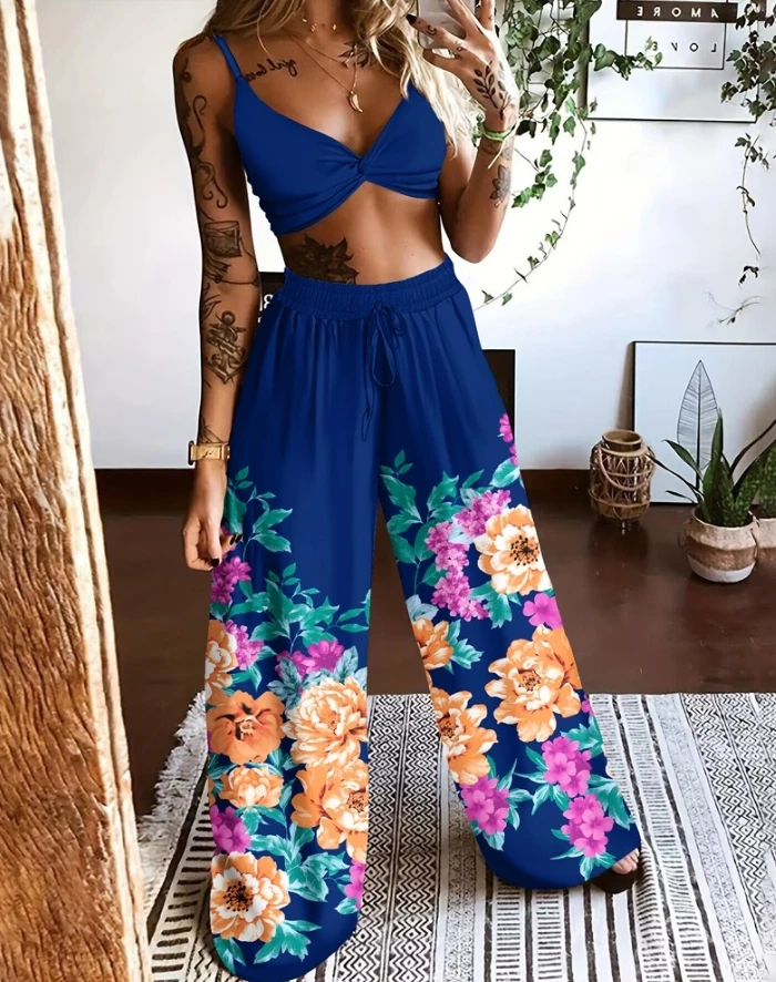 

Two Piece Set Women Outfit 2024 Summer Floral Print Twisted V-Neck Sleeveless Cami Top & Casual High Waist Wide Leg Pants Set