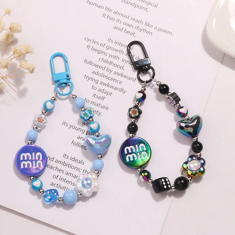 Acrylic Color-plated Heart Love Keychain Cute Flower Beaded Keyring Bag Pendant Charms Earphone Case Decoration Accessories