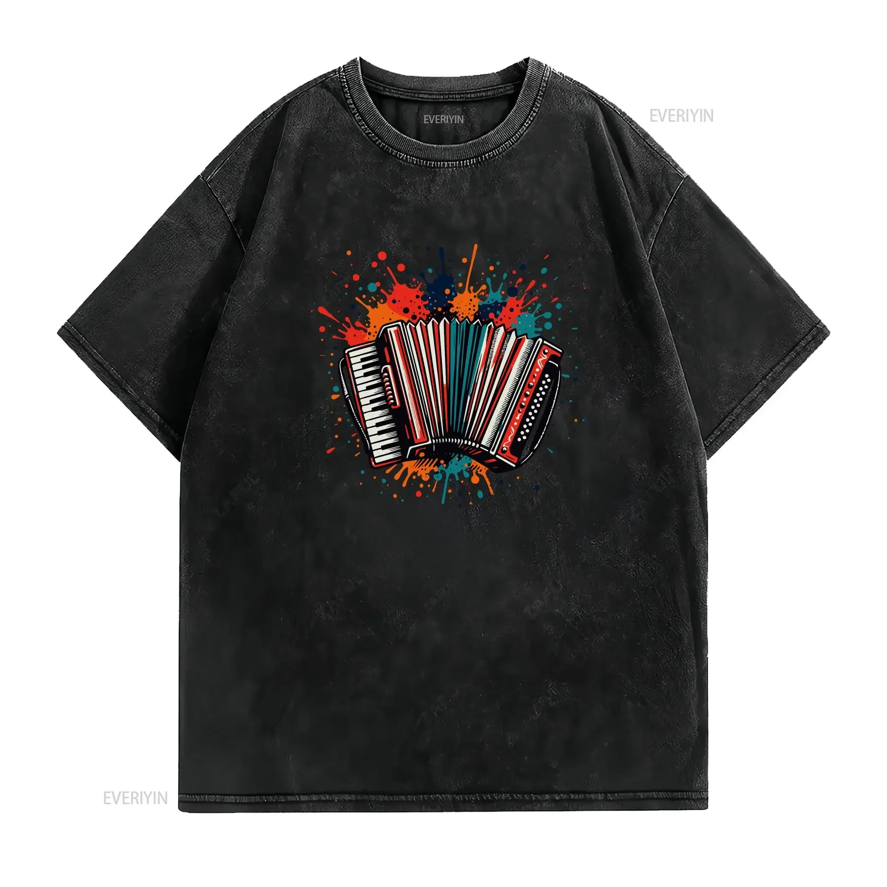 Colorful Accordion Music Instrument T Shirt Top Musician Festival Apparel vintage Washed Slightly graphic Breathable