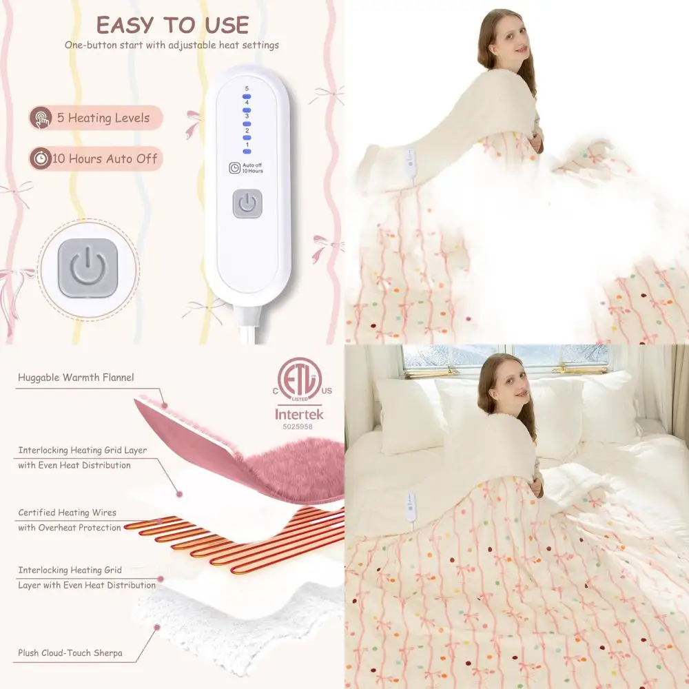 

Twin Size 62x84 Sherpa Electric Blanket with 5 Heat Settings and 10-Hour Auto-Off