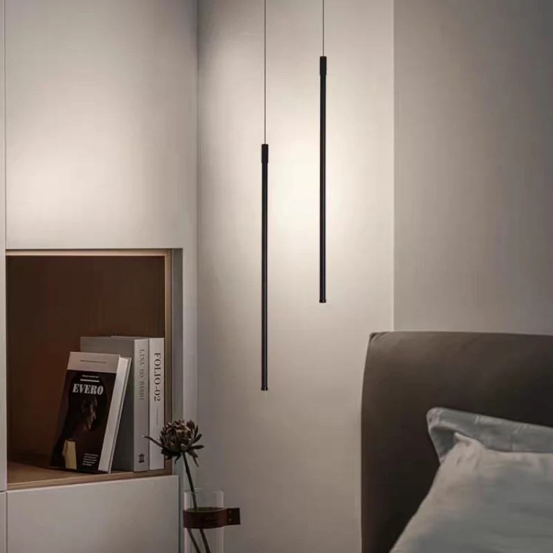 الحديثة LED أطول قلادة أضواء غرفة الطعام ديكور غرفة نوم السرير خلفية سوداء معلقة مصباح الثريات تركيبات المطاعم