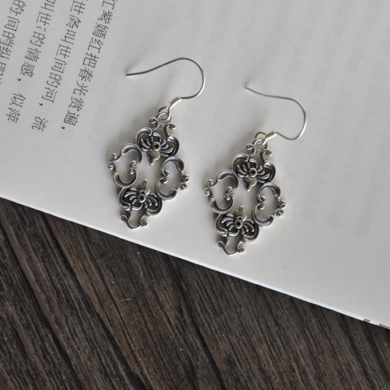 Thai silver craft new retro Geometric Texture ethnic style earrings for women Party Unusual Earring elegant jewelry Gift