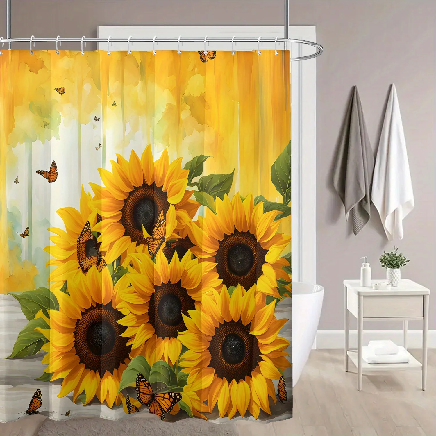 Sunflower Shower Curtain Waterproof Fabric Bathroom Curtains Yellow Flower Butterfly Bath Screen Divider Home Decor With Hooks