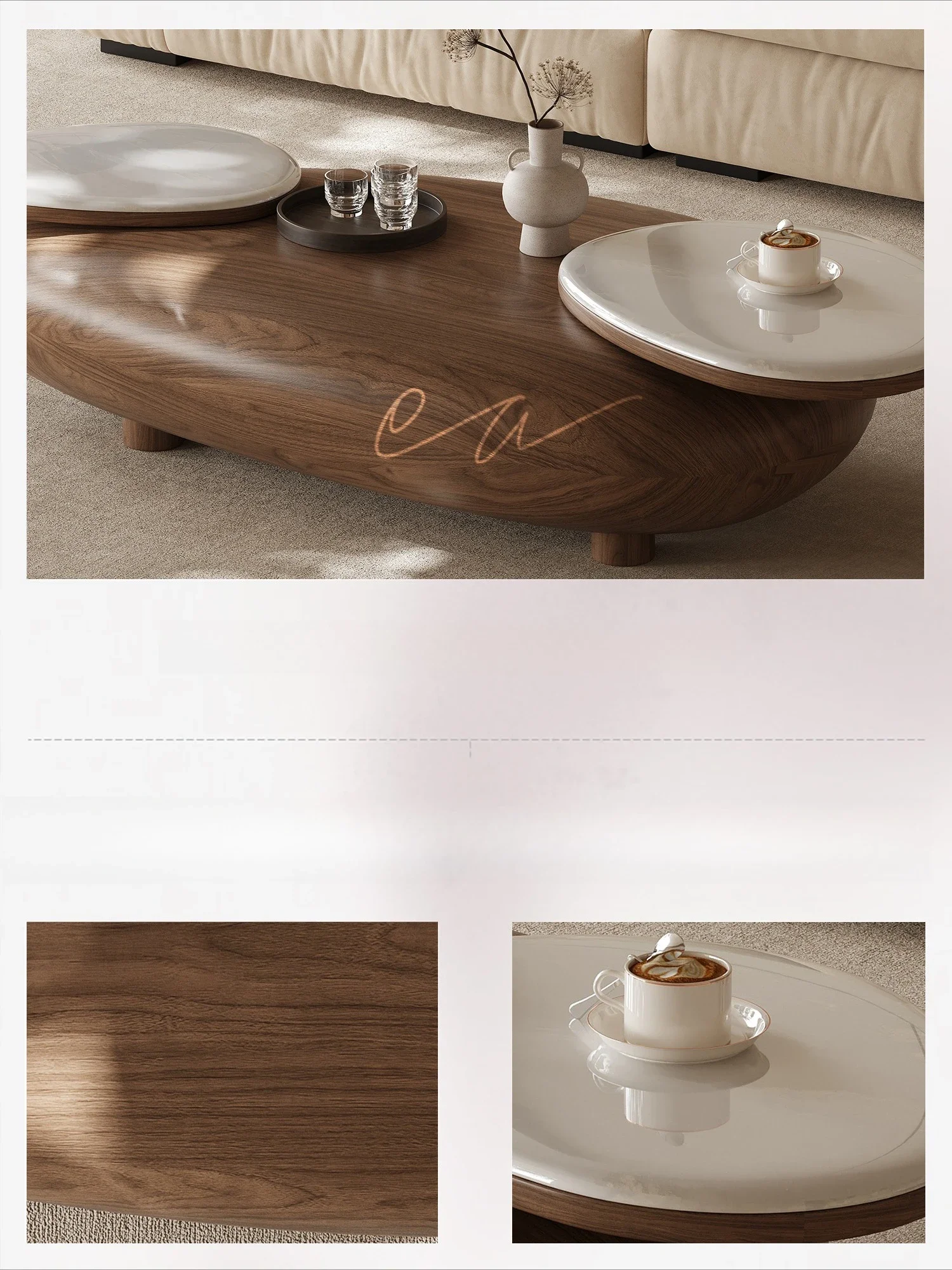 Medieval walnut special-shaped coffee table living room 2025 new light luxury high-end marble