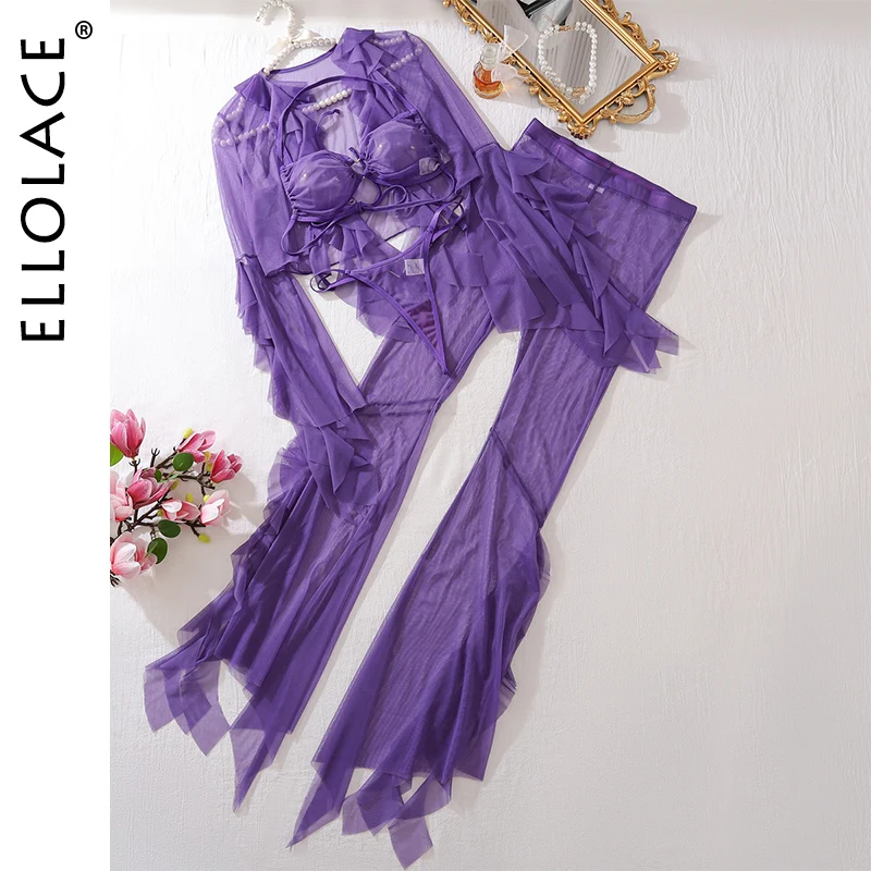Ellolace ملابس داخلية مثيرة للبالغين رائعة للإناث الاباحية ساخنة جديدة في مجموعات مطابقة أكمام مكشكشة زي فتاة شق المثيرة الزي