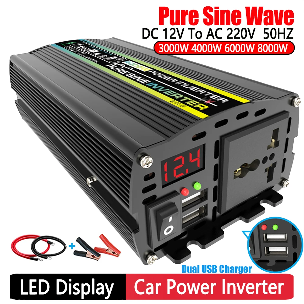 3000W-8000W Car Inverter LED Display Smart Power Inverter 12V 220V Pure Sine Wave for Car Auto RV Transformer Convert Socket