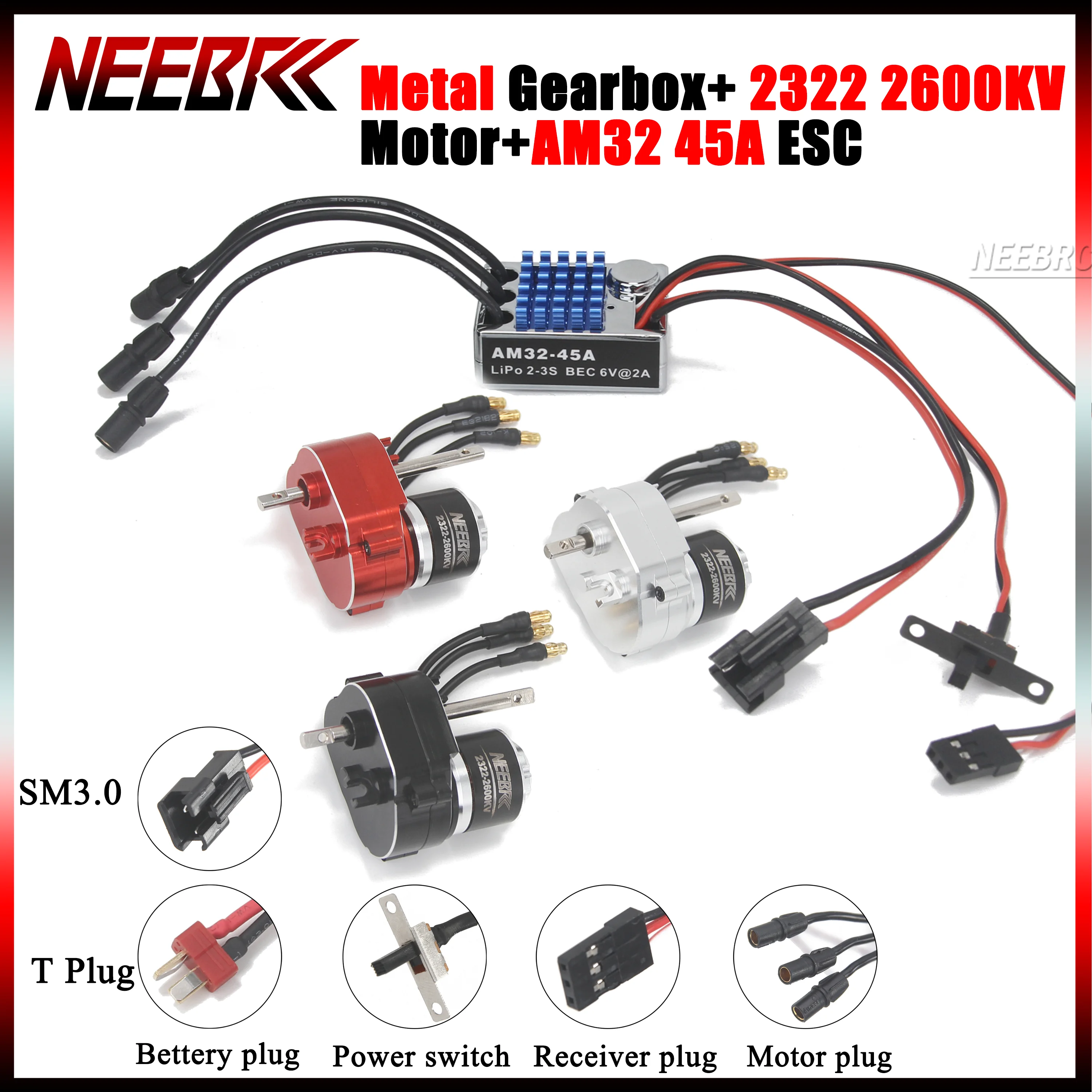 Full Metal Gearbox 2322 2600KV Brushless Motor AM32 45A SM3.0/T Plug ESC Combo for 1/12 RC Car Crawler MN82 MN78 MN168 MN99 MN98