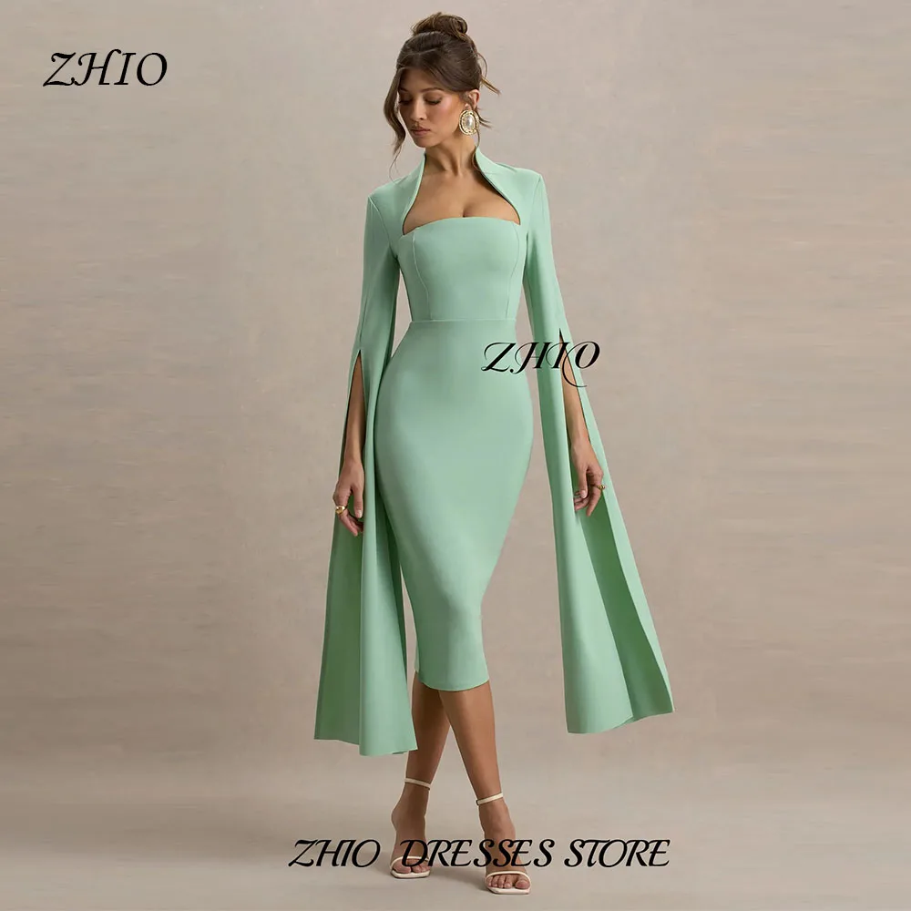 

ZHIO Elegant Light Green Strapless Gown Cape Sleeve Design Bodycon Midi Dress for Special Occasions Customized فساتين سهرة