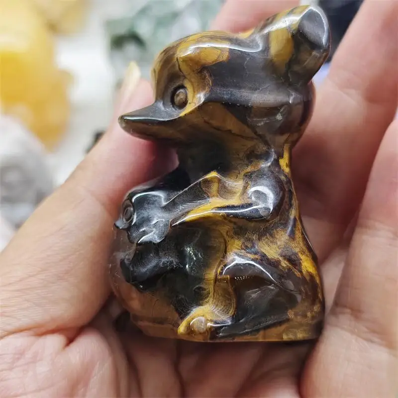 Natural Yellow Tiger Eye Stone Bear Carving Polished Quartz Animal Healing Stones Gems For Home Decorations Gift 1PCS