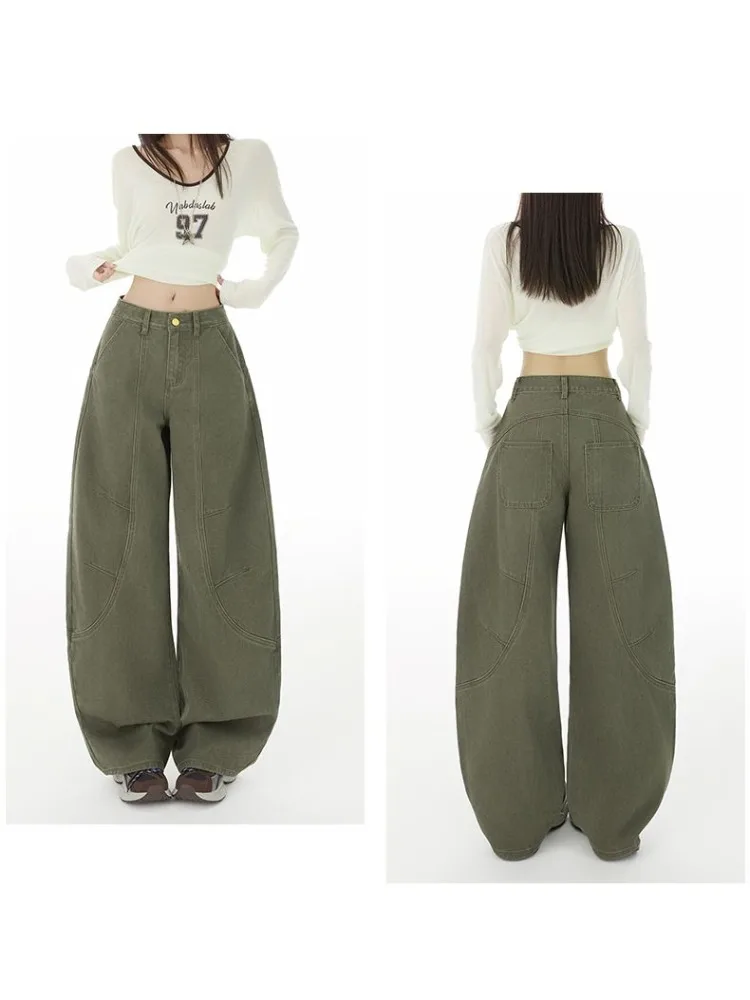 Calça jeans cargo solta feminina, vintage, azul, perna larga, machete, peso pesado, algodão lavado, casual, diária, streetwear